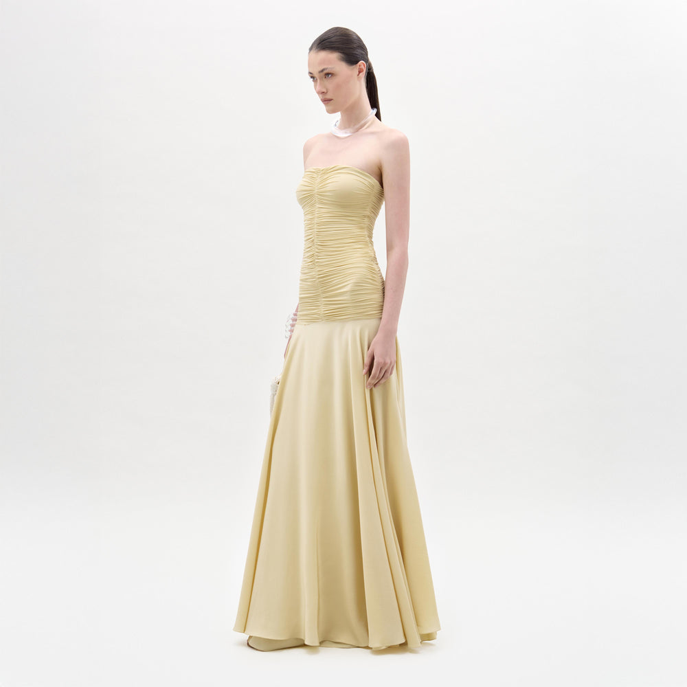 Woman wearing a strapless, light-colored evening gown on a white background