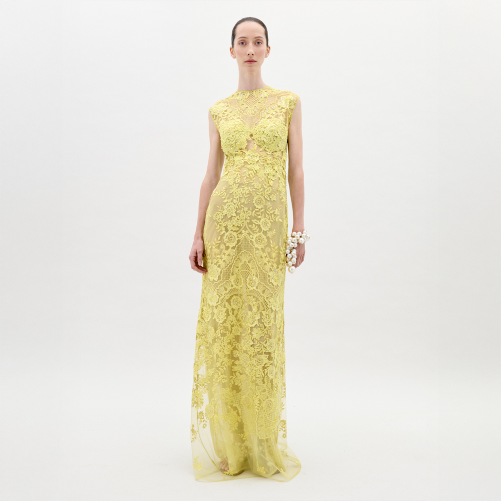 A woman stands wearing the Aika Dress Lime, a sleeveless, floor-length gown adorned with intricate floral patterns. She is holding a white pearl bracelet. The plain, light-colored background adds elegance to the scene. Pre-order now to ensure delivery by February 1st, 2025—the perfect date for this stunning look!