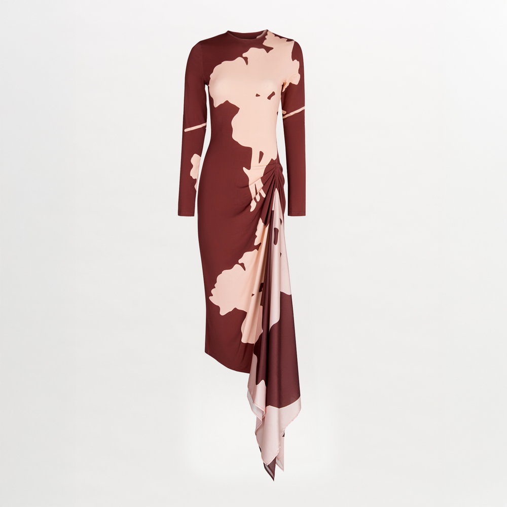 A burgundy midi Ananya Dress Cacao Floral with long sleeves in a botanical-inspired print.