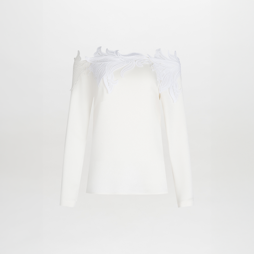 Belinda Blouse White with ornate Guipure lace detailing on the shoulders and cut-out accents, displayed on a plain background.