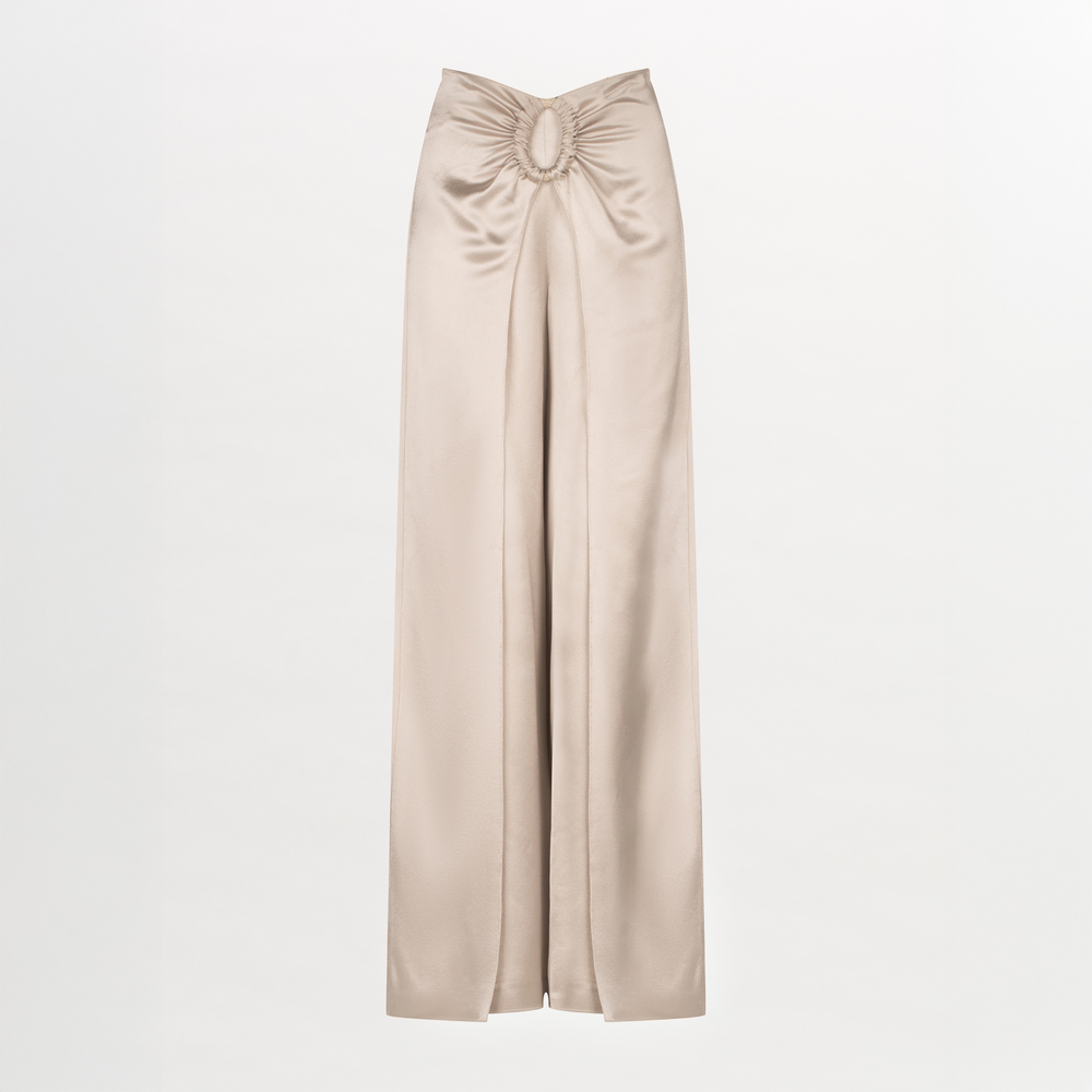 Beige high-waisted Belma Pant Ecru with a bow at the waist, featuring a wide leg silhouette.