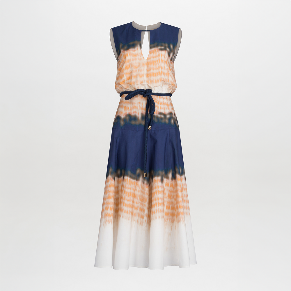 Bora Dress Mediterranean Coral Blue with abstract multicolor print, featuring a keyhole neckline and a navy belt.