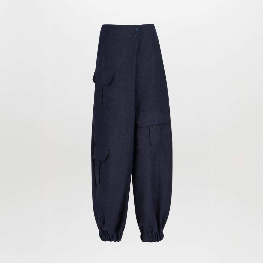 Brandon Pant Navy Linen with elastic cuffs.
