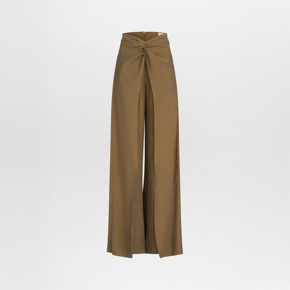 The Canturipe Pant features a high waist, wide leg silhouette, front knot detail, and concealed back zipper, crafted from premium Italian fabric and shown on a plain white background.