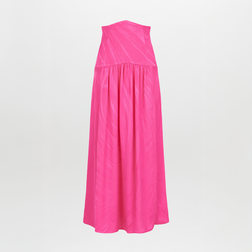 Bright pink sleeveless dress with a high neckline and a full-length, Callie Skirt Fuchsia, displayed on a white background.