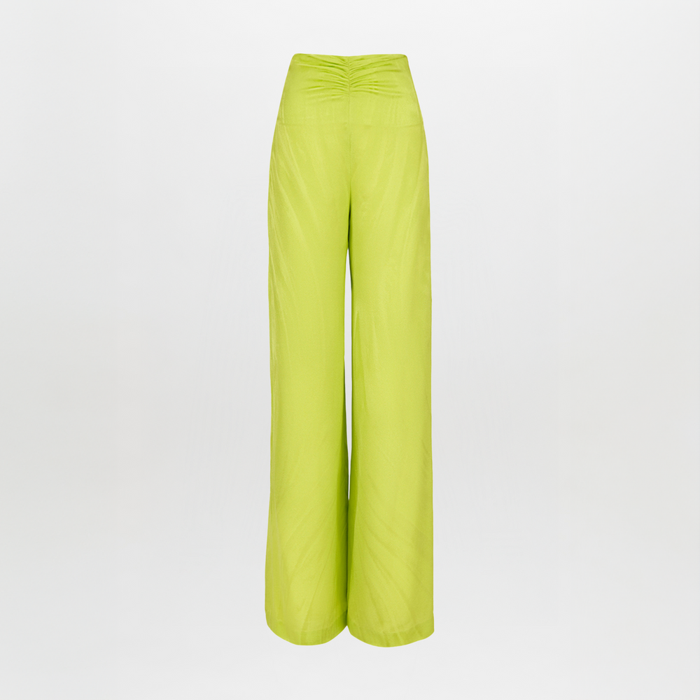A woman's Casey Pant Verde Lime, wide-leg, flattering drape pants.