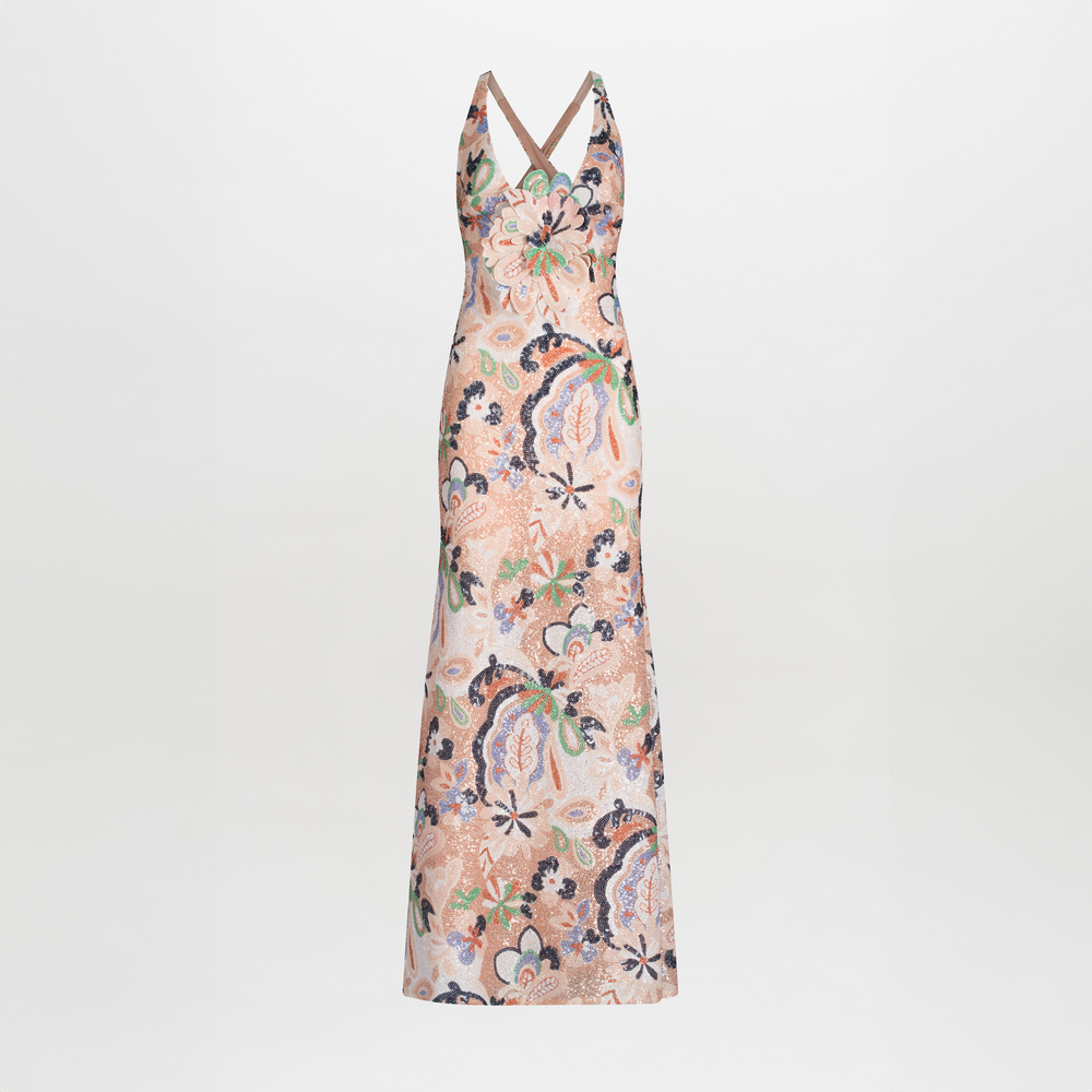 Sleeveless v-neck maxi Daira Dress Multi Pastel Sequins with a pastel floral print on a light peach background, featuring thin straps and a fitted silhouette.