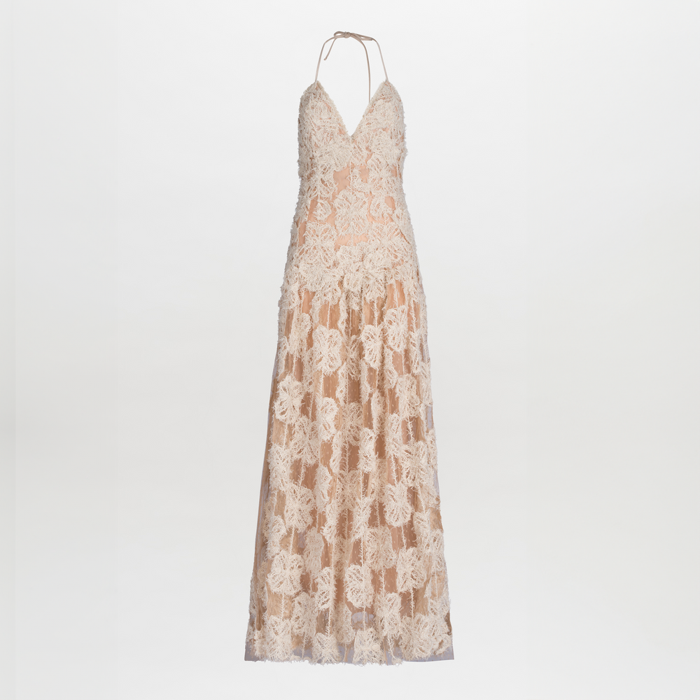 An elegant sleeveless halter deep V neckline Danae Dress Cream Flowers gown in a soft beige color, displayed against a white background.