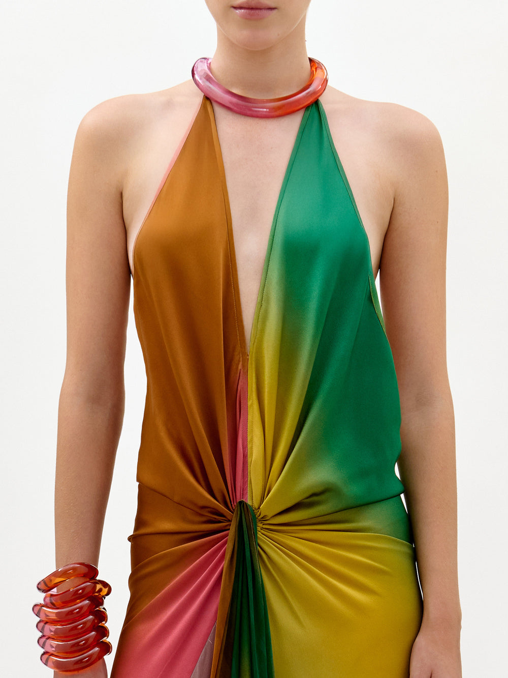 Multicolored halter dress with a plain background