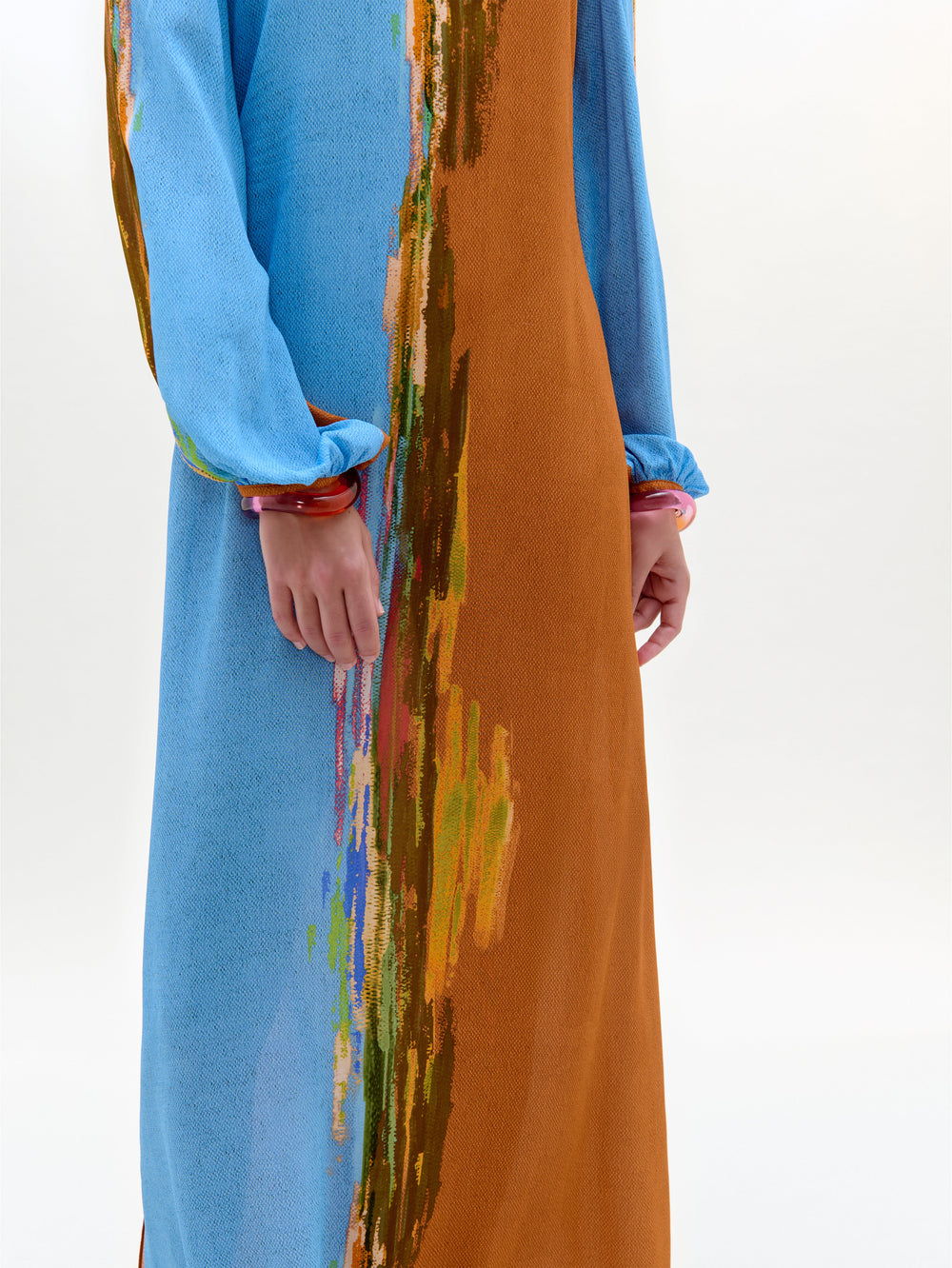 Long dress with blue and brown gradient pattern on a white background