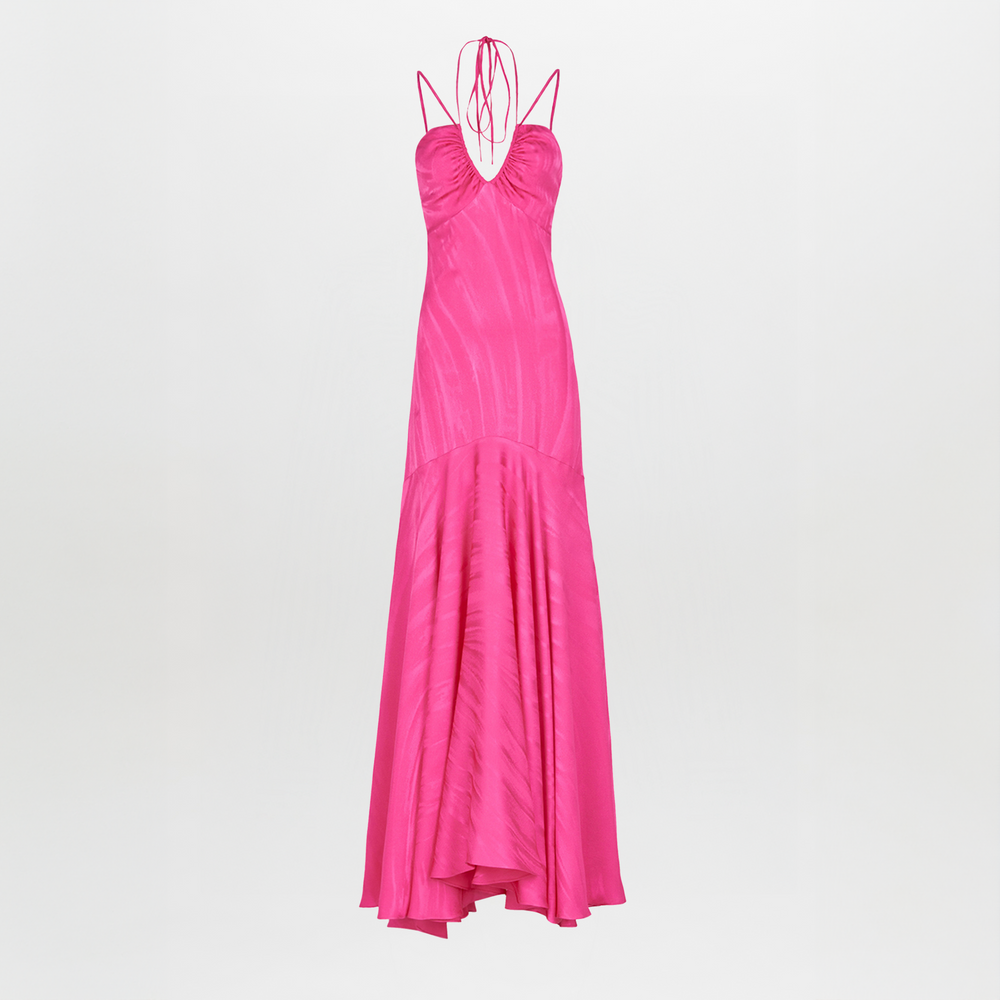 The Jacinta Dress Fuchsia is a floor-length satin gown with thin spaghetti straps, a halter v-neckline, and an elegant flared skirt, displayed against a plain white background.