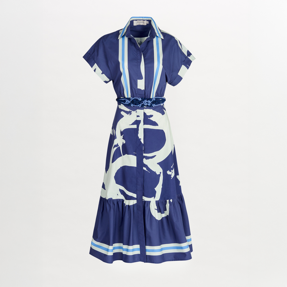 A blue and white print Loni Dress Navy Stripes made of cotton.