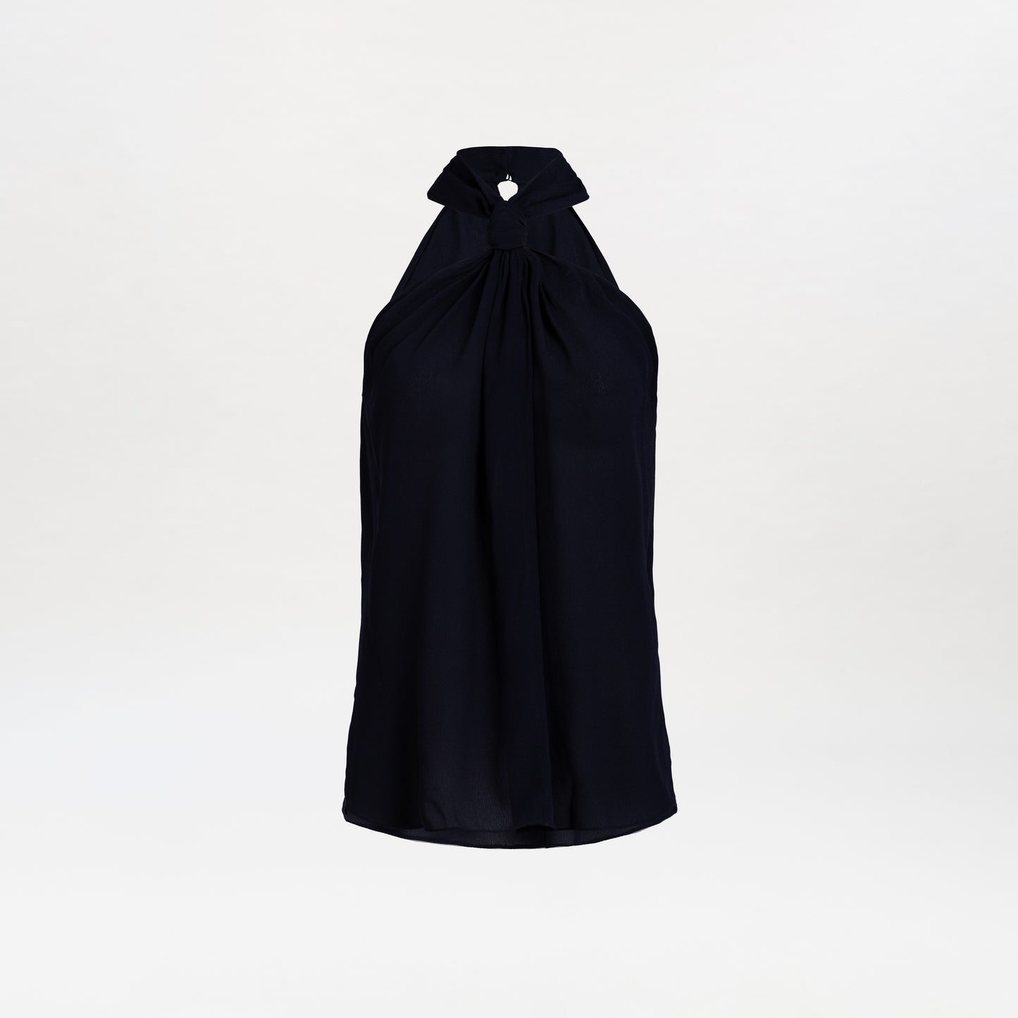 Black sleeveless Teagan Blouse featuring a halter neck with a gathered neckline and a small keyhole cutout beneath the collar, displayed on a white background.