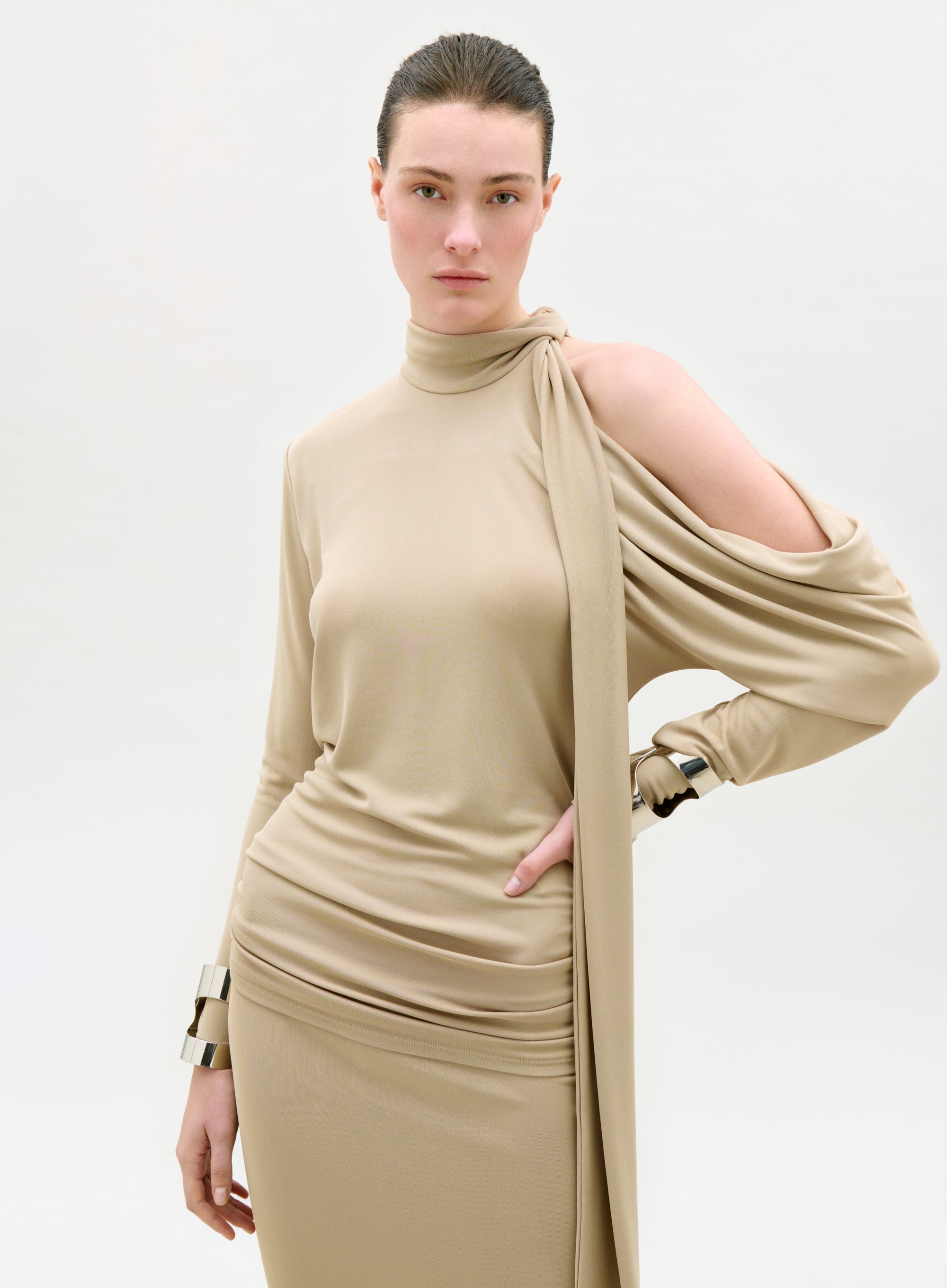 Woman wearing a beige dress with long sleeves and a high neckline on a white background
