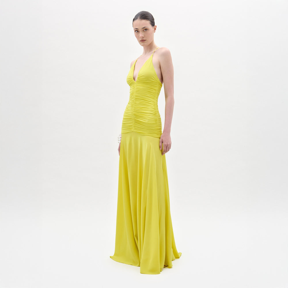 A woman poses against a plain white background wearing the Sana Dress, a sleeveless, floor-length yellow maxi with a ruched bodice, deep V neckline, and delicate floral appliqué.