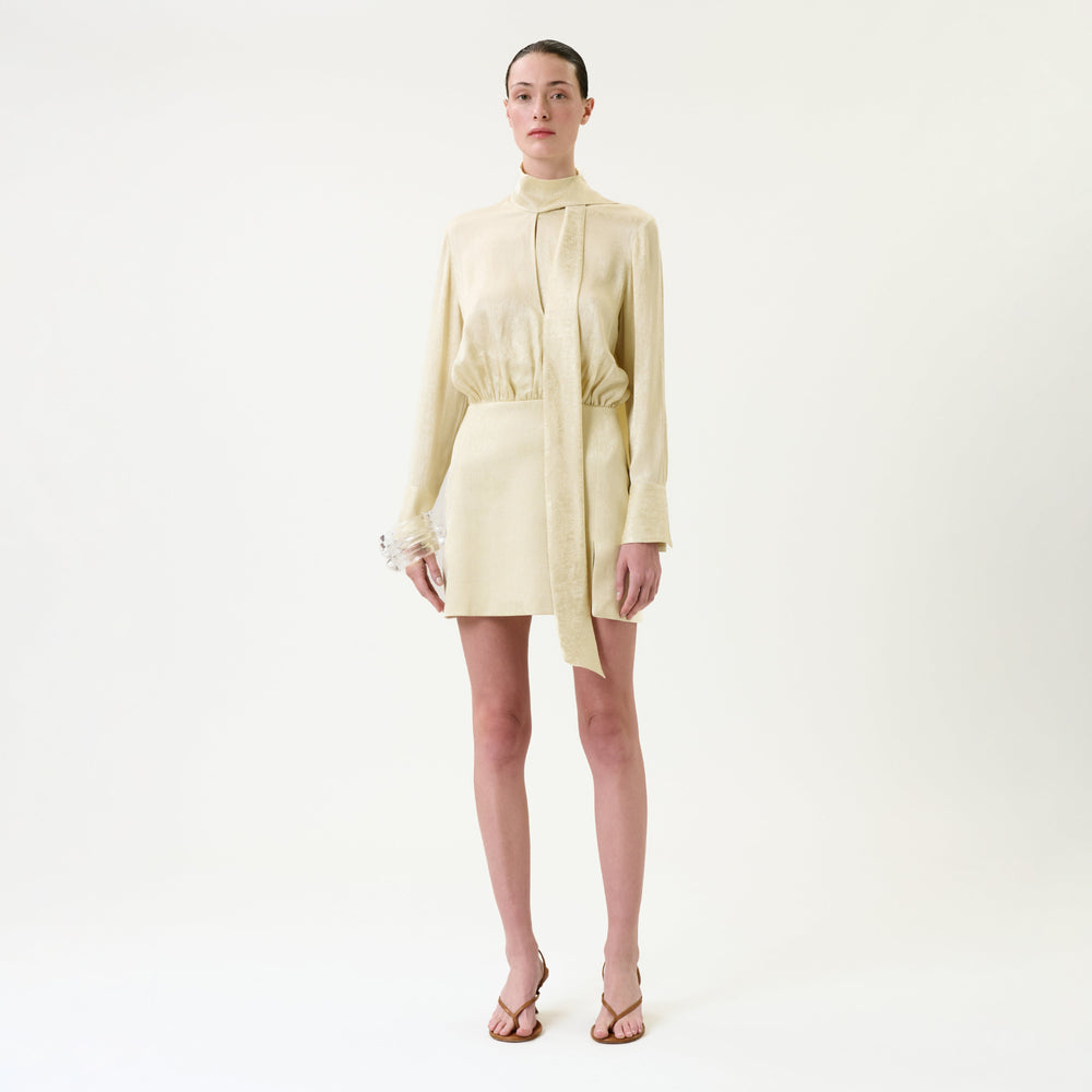 A person stands against a plain white background, wearing the Imelda Dress— a long-sleeved, light beige mini dress with a high collar and tie detail—paired with tan sandals.