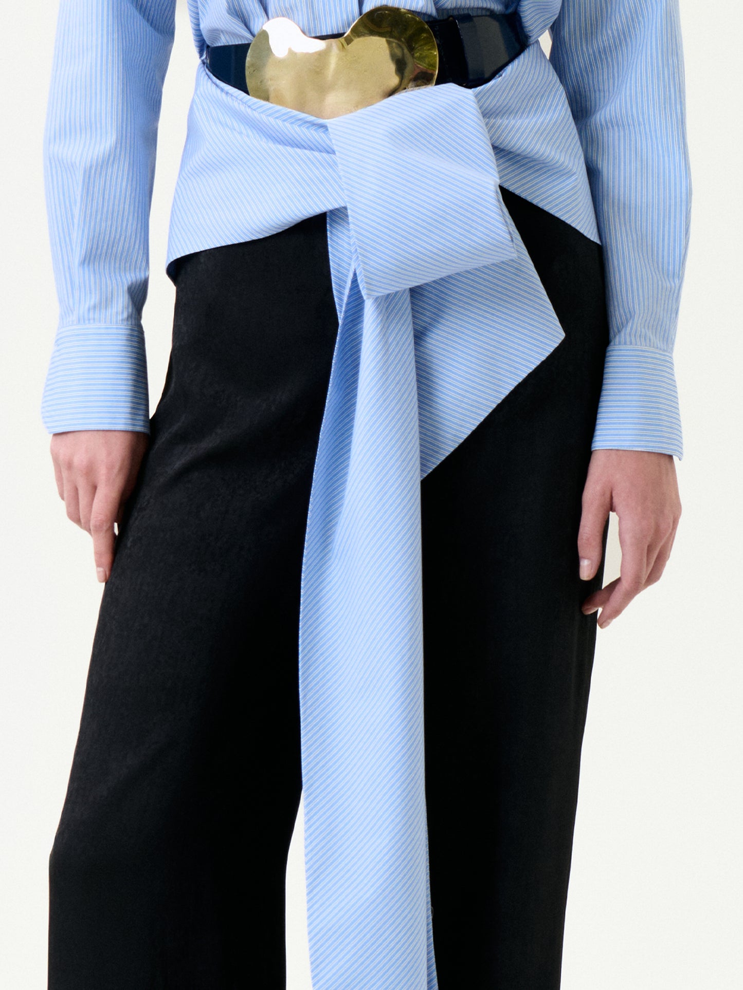 Person wearing a light blue shirt with a wide tie and black pants on a white background