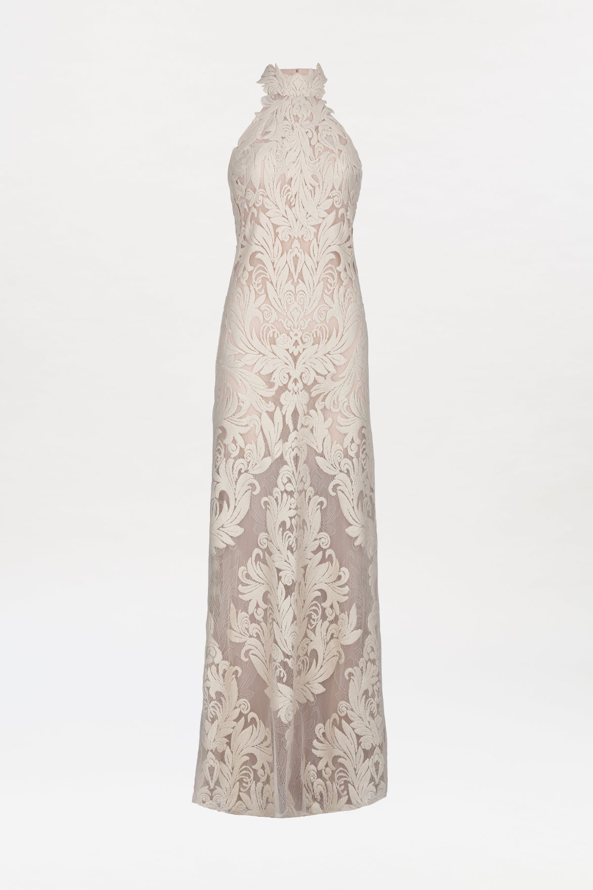 The Marcia Dress is a sleeveless, floor-length cream gown featuring a high neckline and intricate floral embroidery on sheer fabric, showcased against a plain white background.