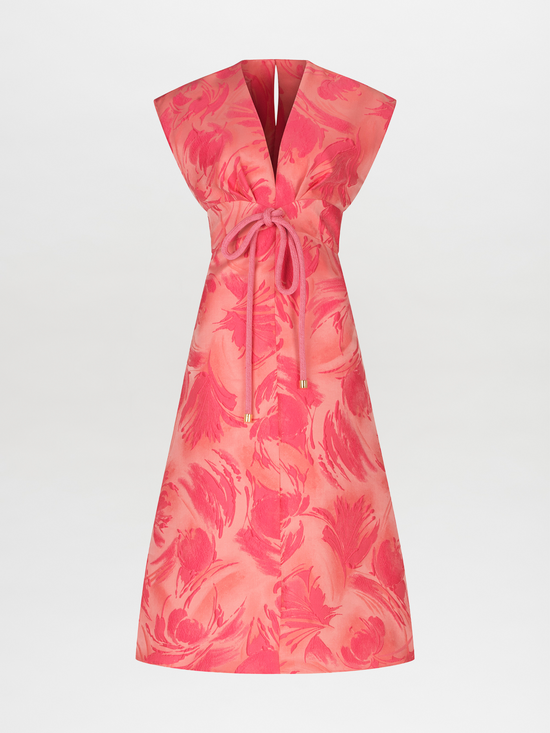 A Acalia Dress Fuchsia Pink with a floral print and V neckline.