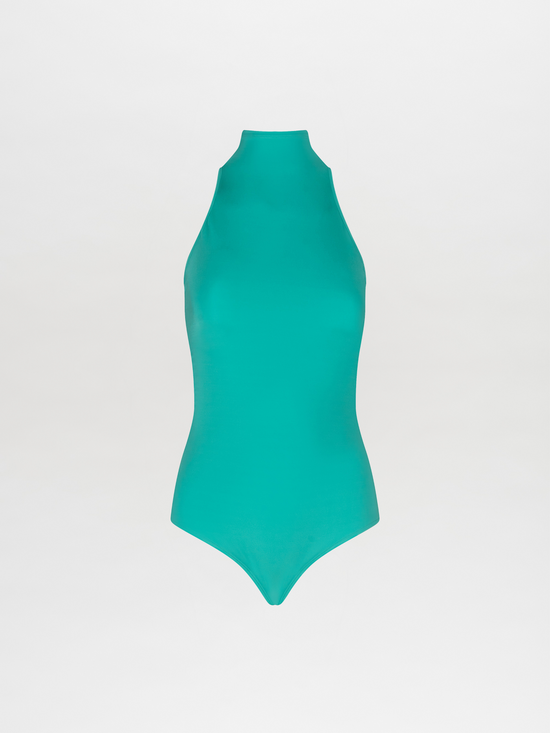 The Adina Bodysuit Aqua, with a halter neck made of stretch fabric, is a women's turquoise swimsuit.