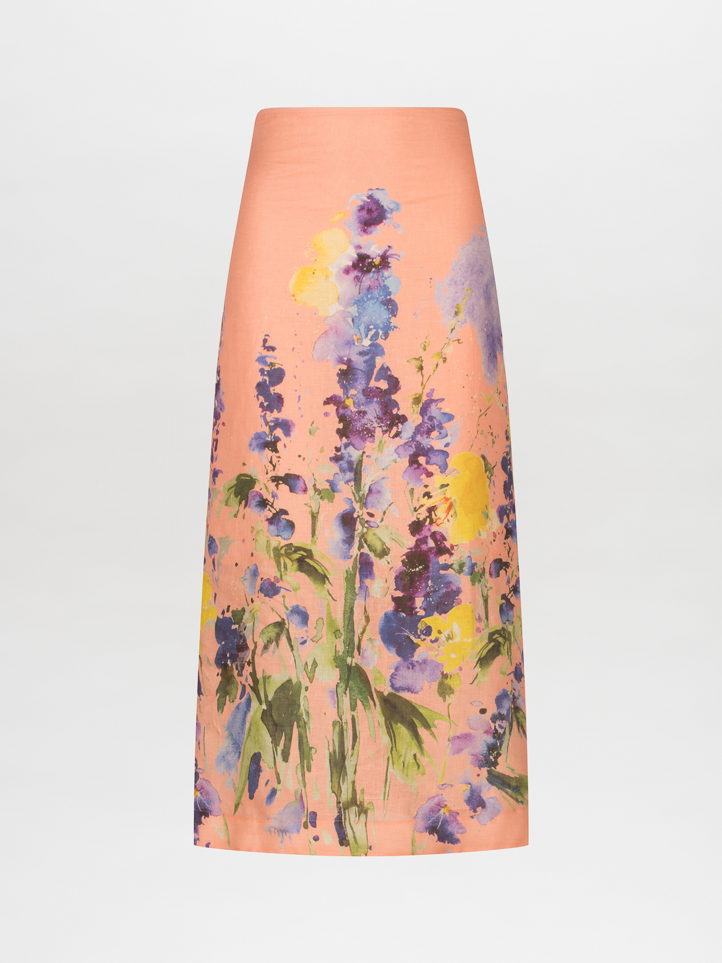 A high-waisted midi Atira Skirt Apricot Spring Garden with a multicolor floral print.