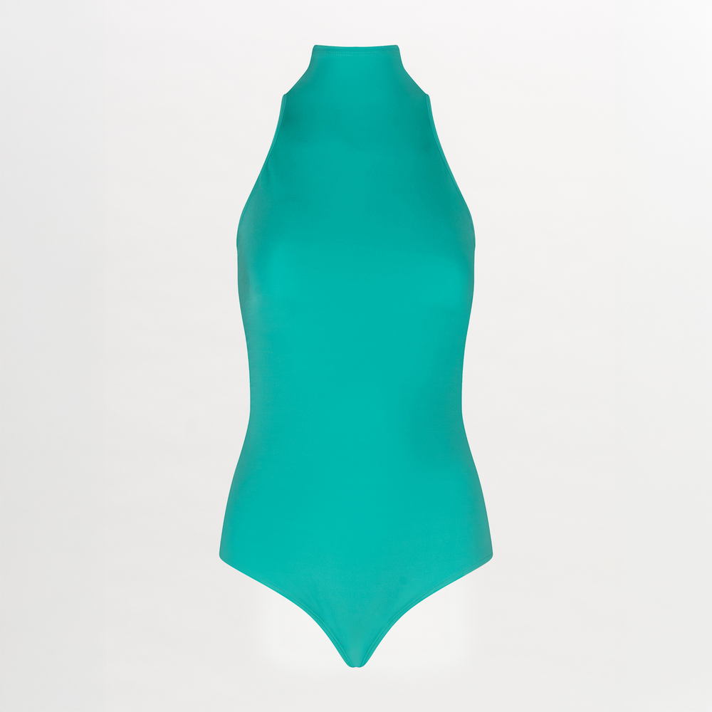 The Adina Bodysuit Aqua, with a halter neck made of stretch fabric, is a women's turquoise swimsuit.