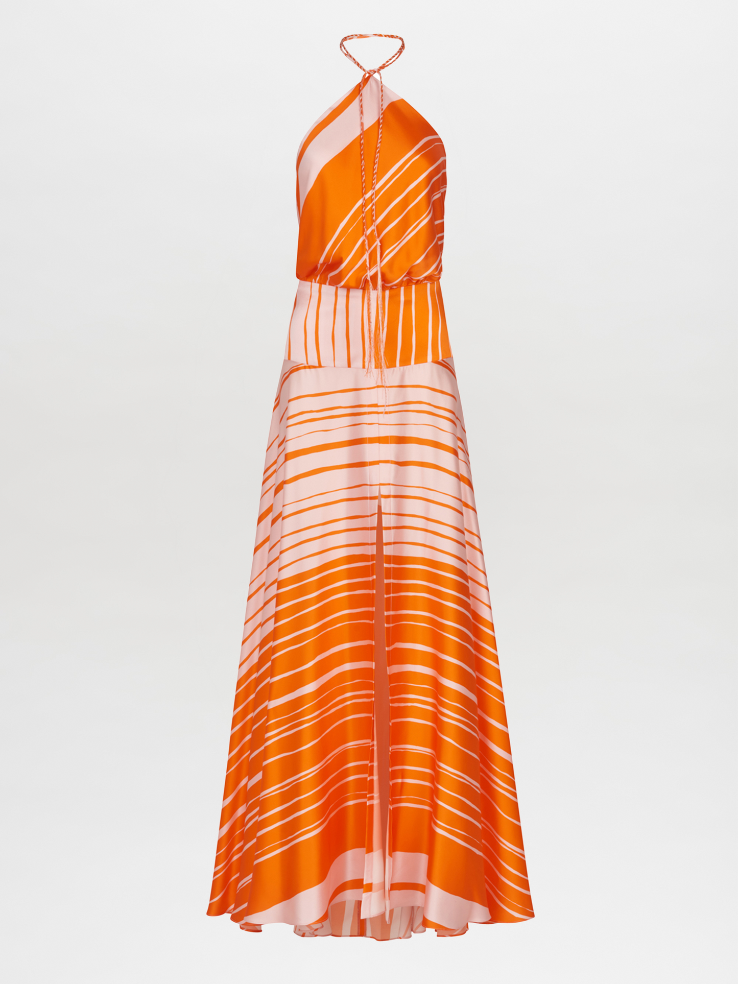 A flattering silhouette of an Agnese Dress Orange Pink with a halter neckline reminiscent of Silvia Tcherassi designs.