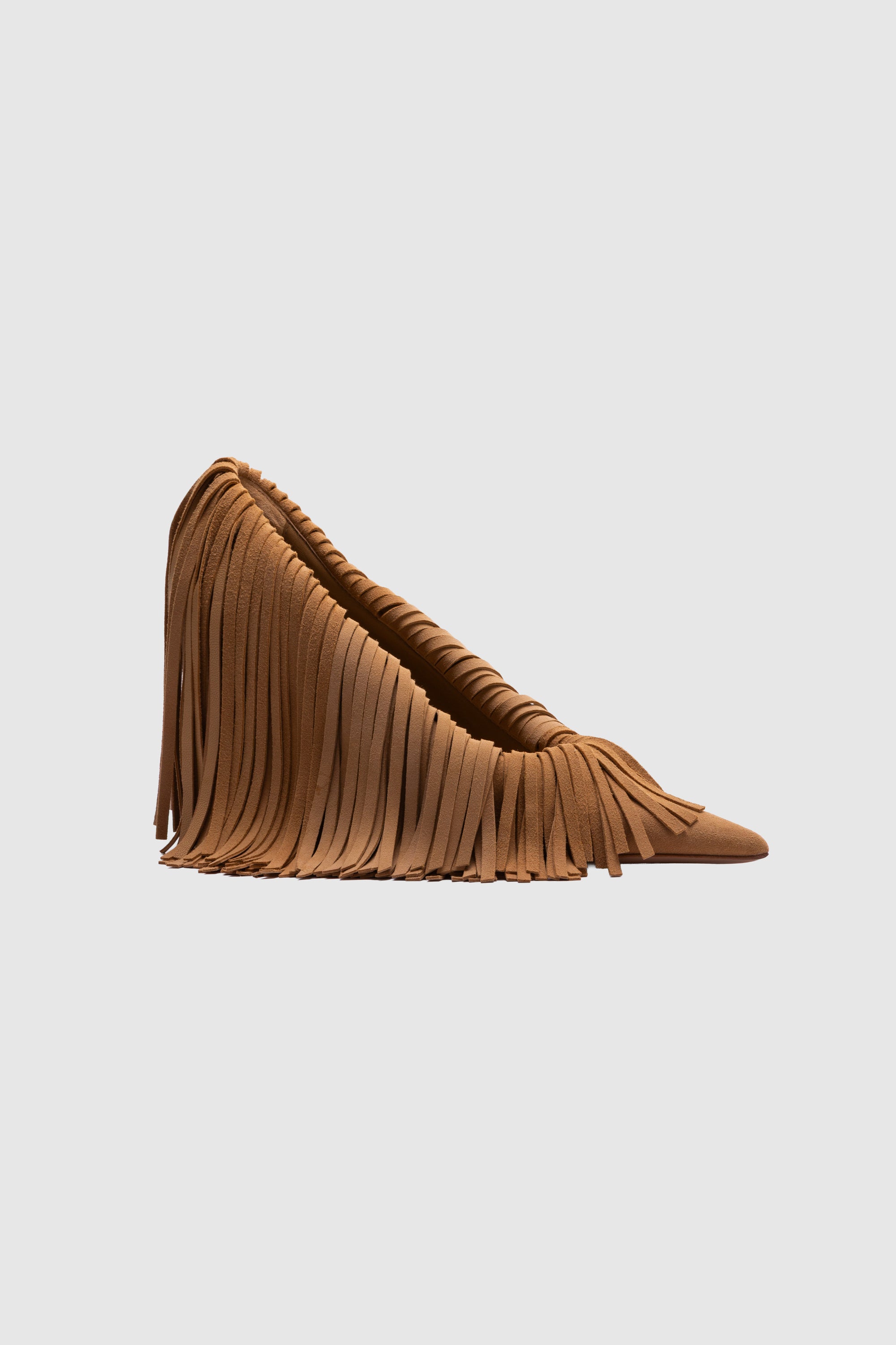 The Amelia Heels are brown suede high-heeled shoes featuring long fringe detailing across the entire exterior, showcased against a plain light background.