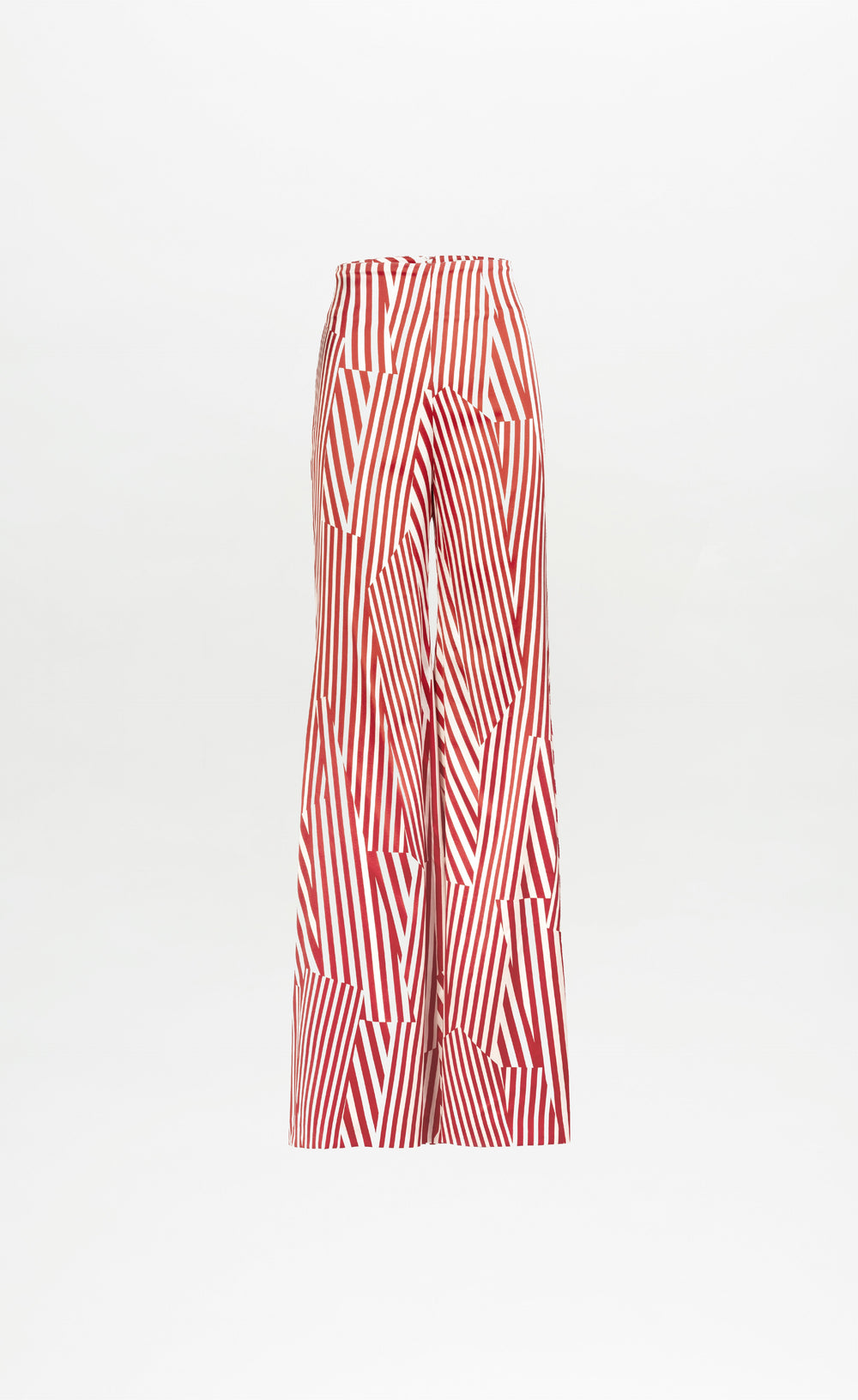 The Andie Pant is a high-waisted, wide-leg style made from lightweight Italian fabric with bold red and white geometric stripes, shown against a plain white background.