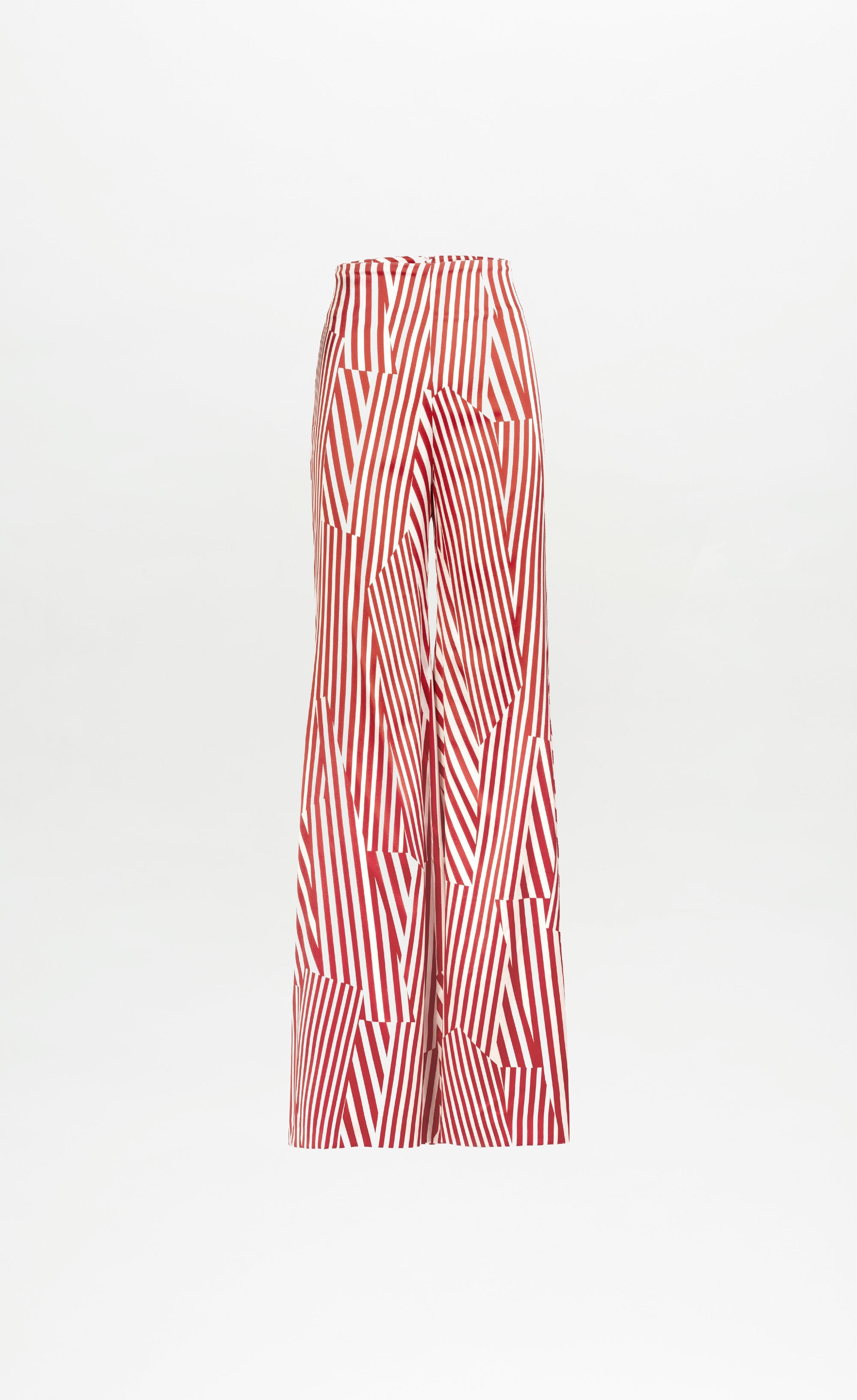 The Andie Pant is a high-waisted, wide-leg style made from lightweight Italian fabric with bold red and white geometric stripes, shown against a plain white background.