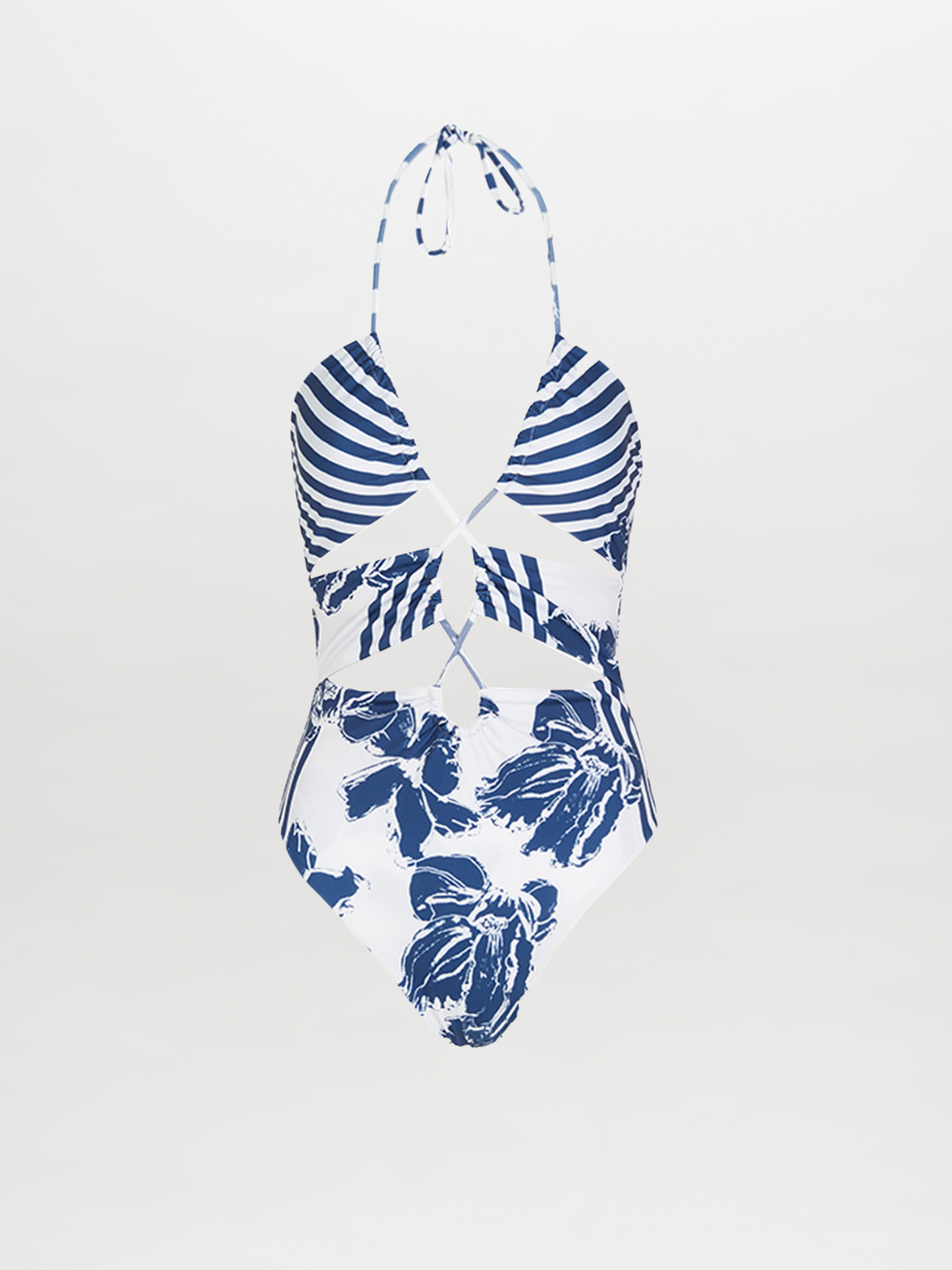 The Arai One Piece Azure Floral Stripes features a halter neck, floral striped print on top, bold blue florals on the bottom, and stylish waist cut-outs for a chic look.