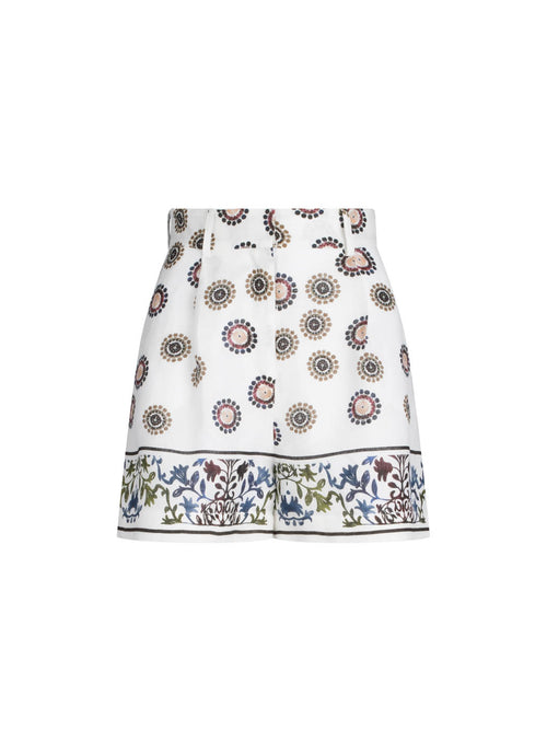 Arenit Short Multi Sepia Floral a-line skirt with colorful floral and circular embroidery, featuring an abstract print border at the hem, displayed against a neutral background.