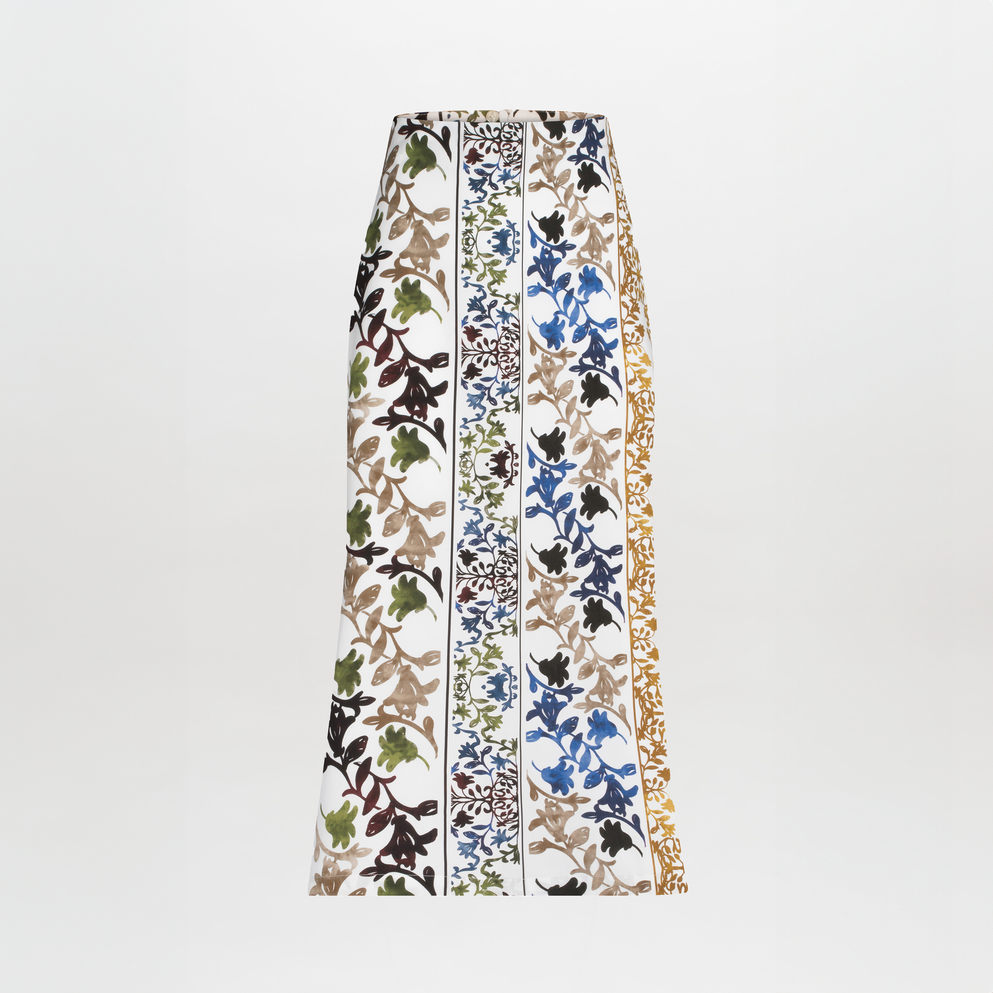 Long Atira Skirt Multi Sepia Floral with vertical multicolored abstract stripes isolated on white background.