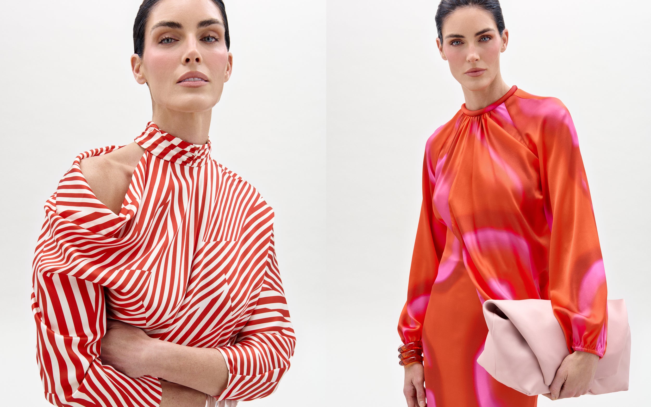 Two images of the supermodel Hillary Rhoda wearing red and white striped and colorful dresses on a plain background.