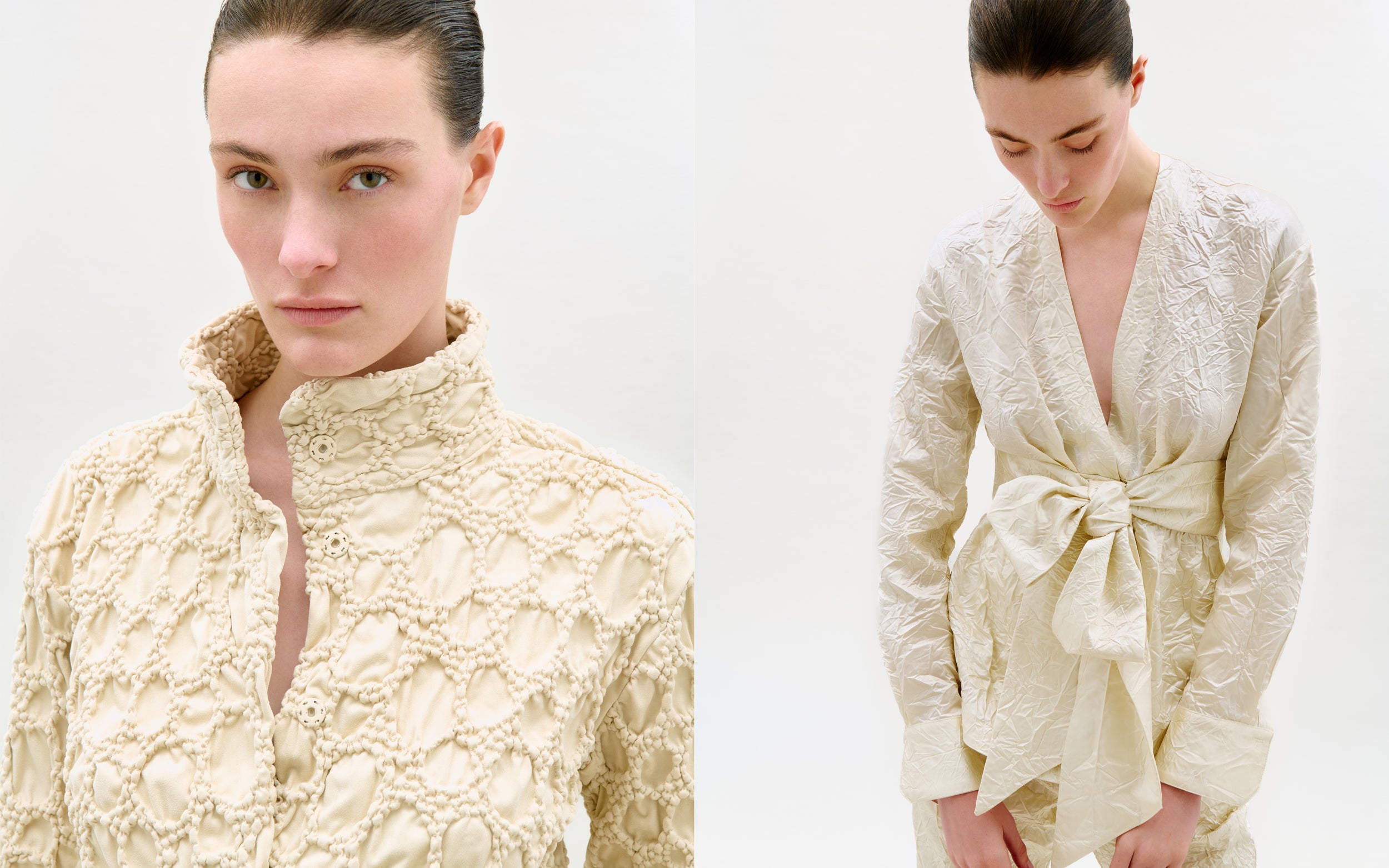 Two views of a woman wearing a cream-colored lace outfit on a white background