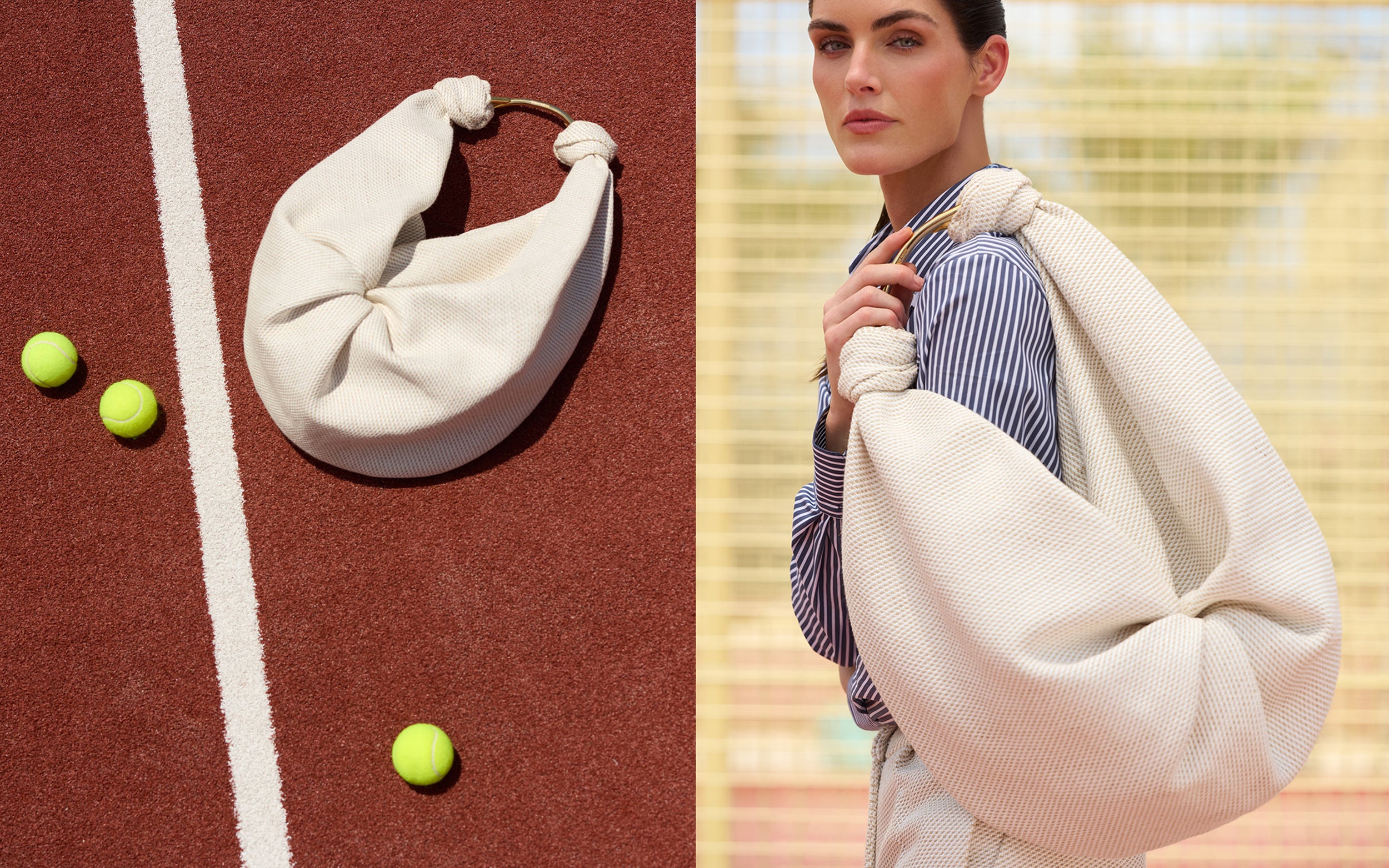 The Sofia Tennis Bag on a tennis court with tennis balls and The supermodel Hillary Rhoda holding The Sofia Tennis Bag