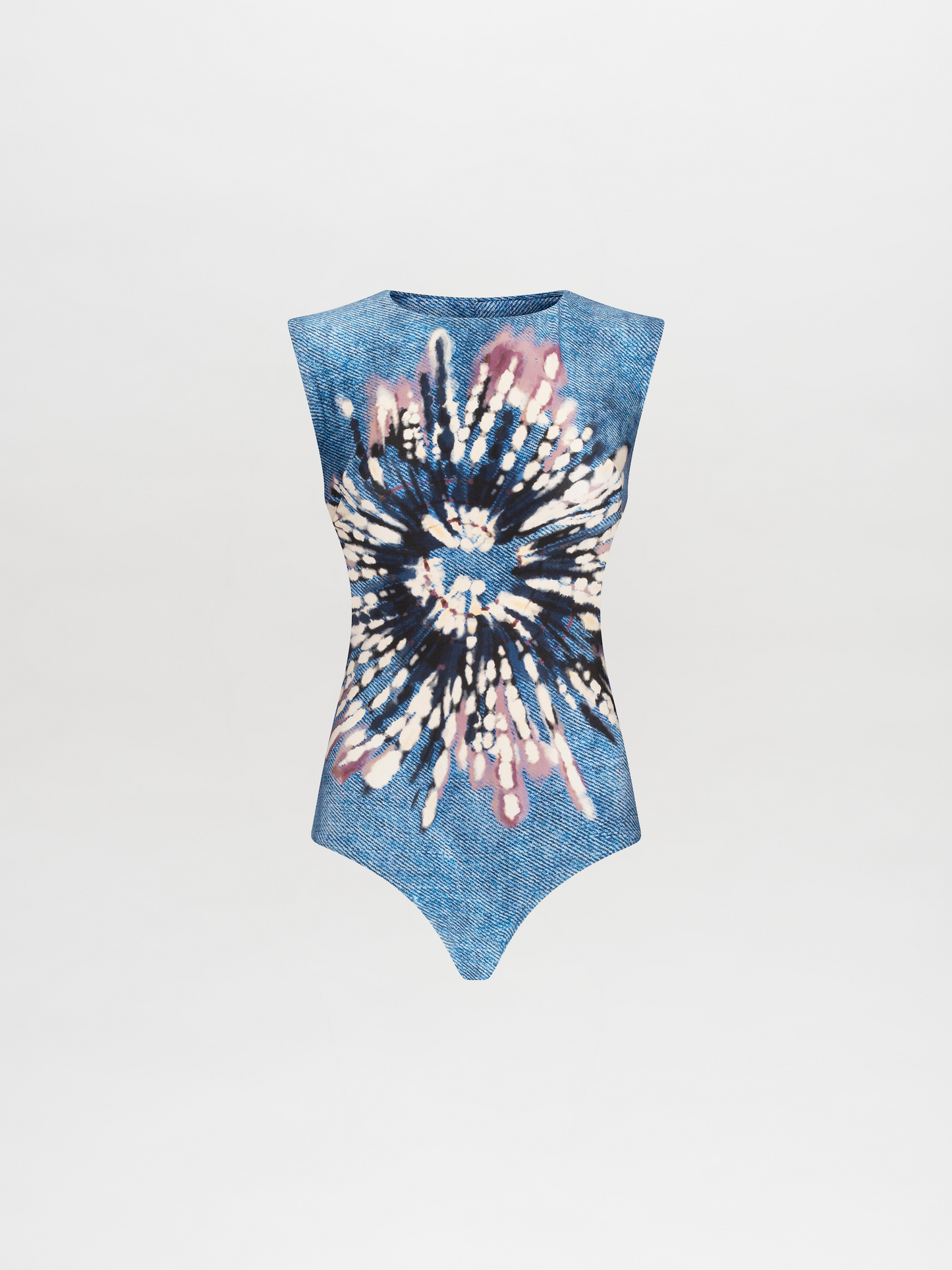 A woman stands in a blue, abstract-patterned Bela Swim Bodysuit Aciano Flower, holding a dark blue bag. She is wearing tan sandals with decorative elements and stands against a plain white background. Available for pre-order now, this stylish outfit will ship by date November 15th, 2024.