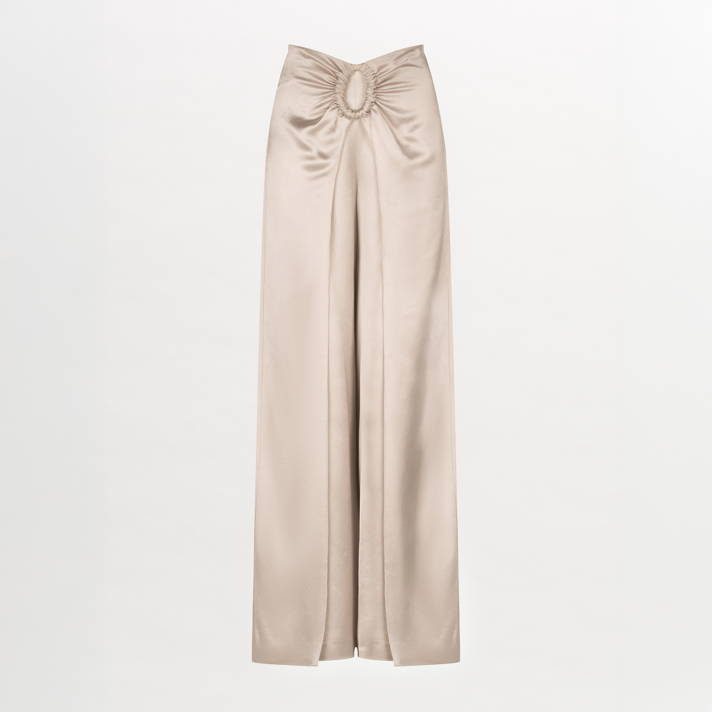 Beige high-waisted Belma Pant Ecru with a bow at the waist, featuring a wide leg silhouette.