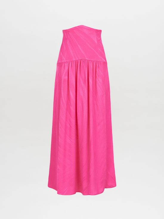 Bright pink sleeveless dress with a high neckline and a full-length, Callie Skirt Fuchsia, displayed on a white background.