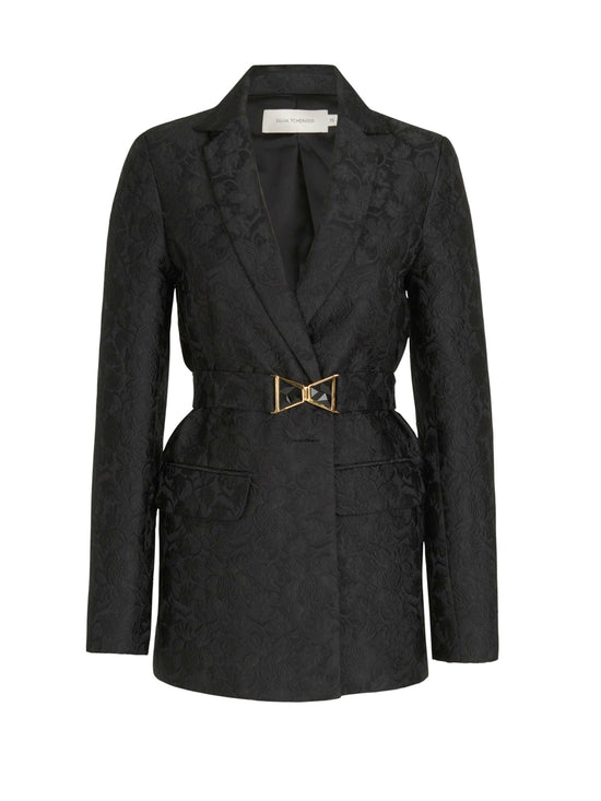 A structured Cuneo Jacket Black with a gold buckle detail.