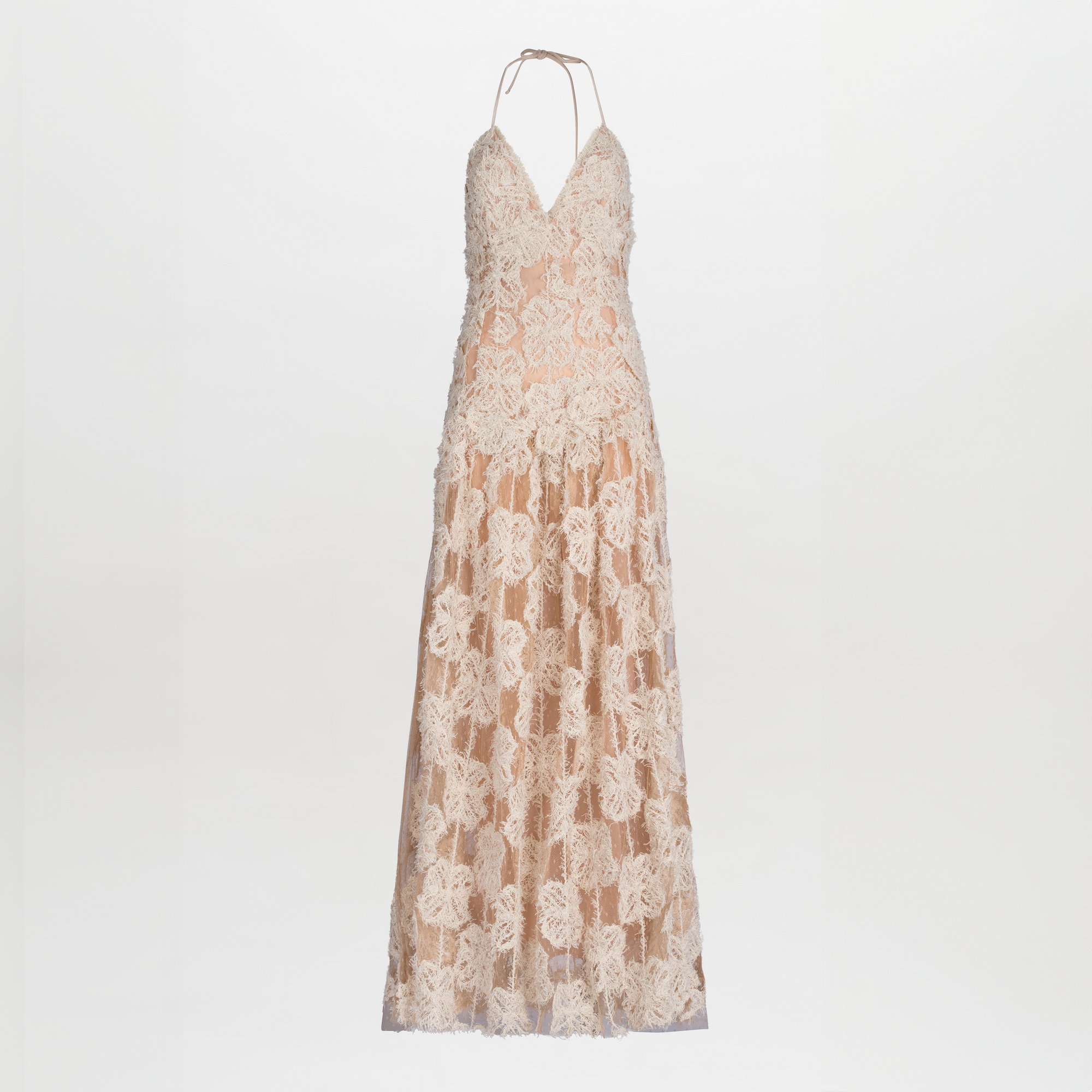 An elegant sleeveless halter deep V neckline Danae Dress Cream Flowers gown in a soft beige color, displayed against a white background.