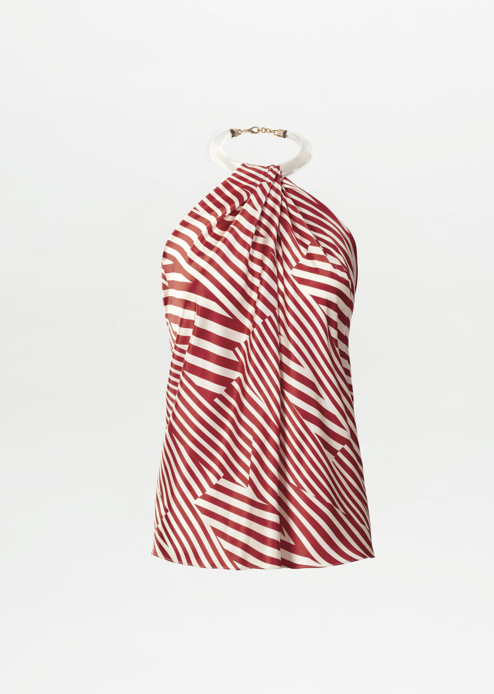 The Dianela Blouse is a sleeveless halter top made from fine Italian fabric, showcasing red and white diagonal stripes and a circular neck ring, set against a plain white background.
