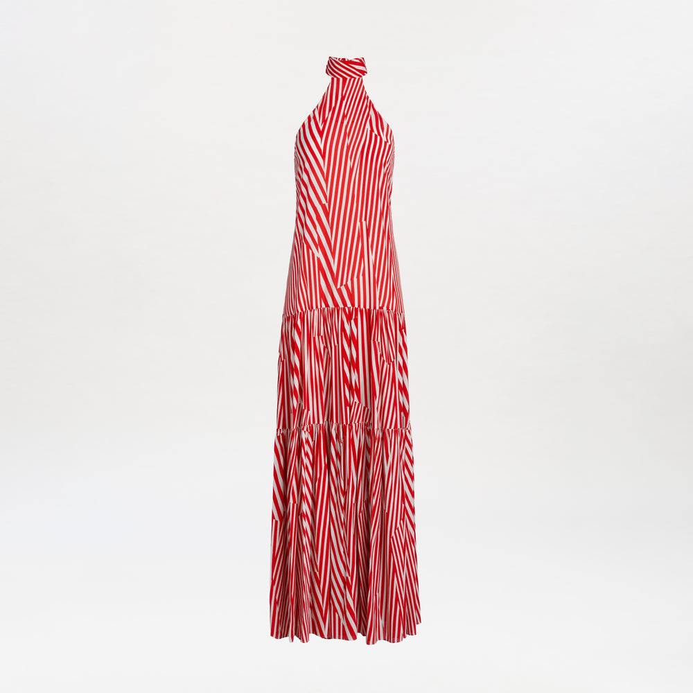 Dorelia Dress—a red and white striped halter-neck maxi dress featuring a tiered skirt, shown against a plain white background.