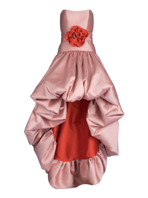 Elegant Elaine Dress Rosetone with ruffled skirt and floral accent, available for pre-order.