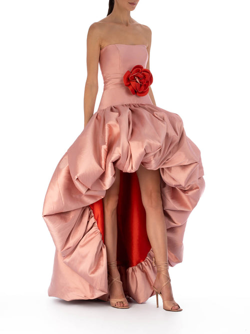 Elegant Elaine Dress Rosetone with ruffled skirt and floral accent, available for pre-order.