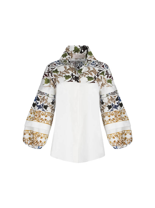 Emille Blouse Multi Sepia Floral with multicolored botanical and bird print on the collar and cuffs, displayed on a plain background.