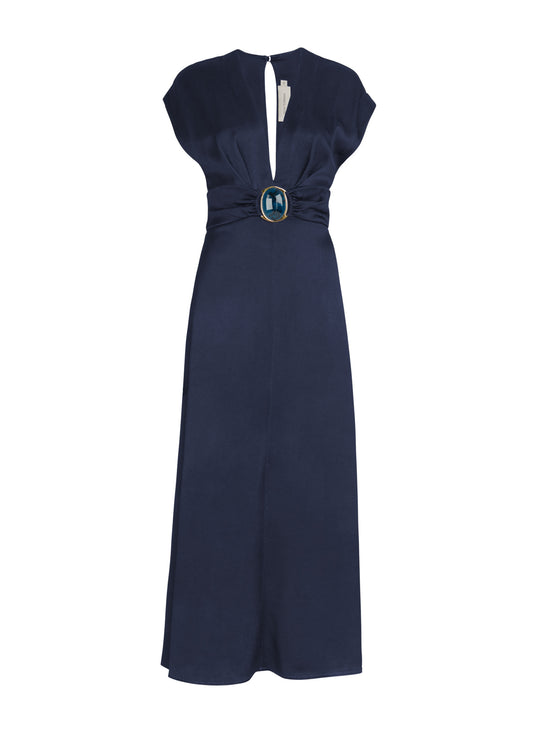 An elegant Emmeline Dress Navy with a buckle on the front.