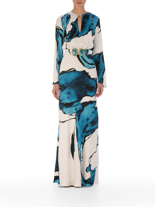 Fadia Dress Multi Abstract Waves with a circular resin buckle at the waist, isolated on a white background.