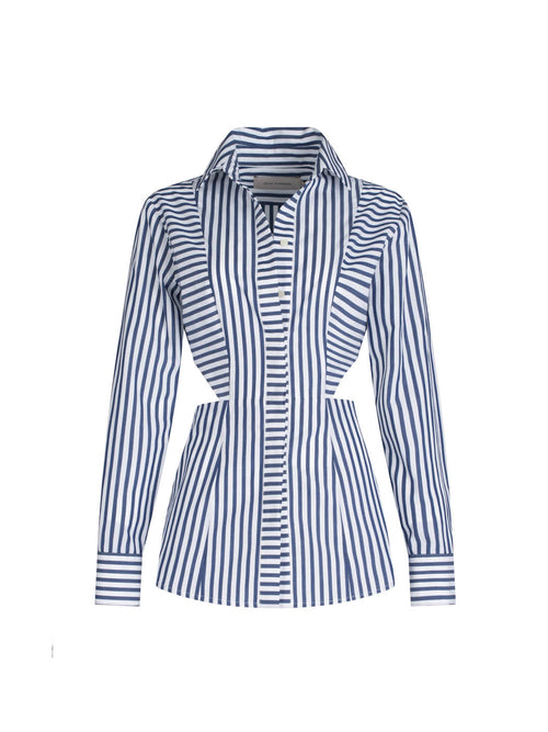 Fergie Top Blue Stripes with long sleeves and a shirt collar, displayed on a white background.