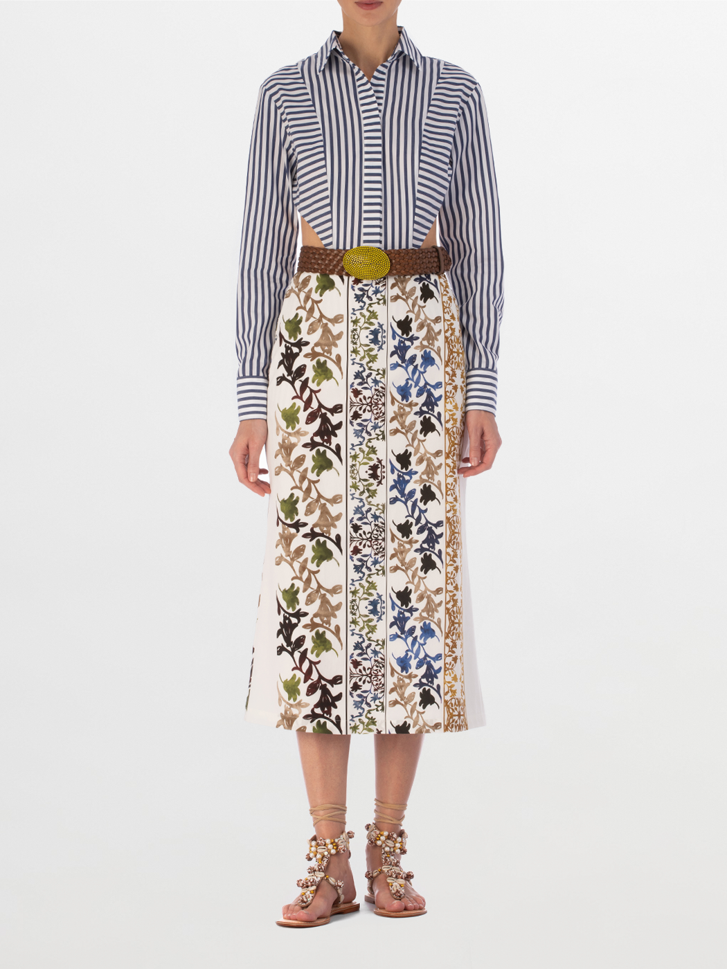 Long Atira Skirt Multi Sepia Floral with vertical multicolored abstract stripes isolated on white background.